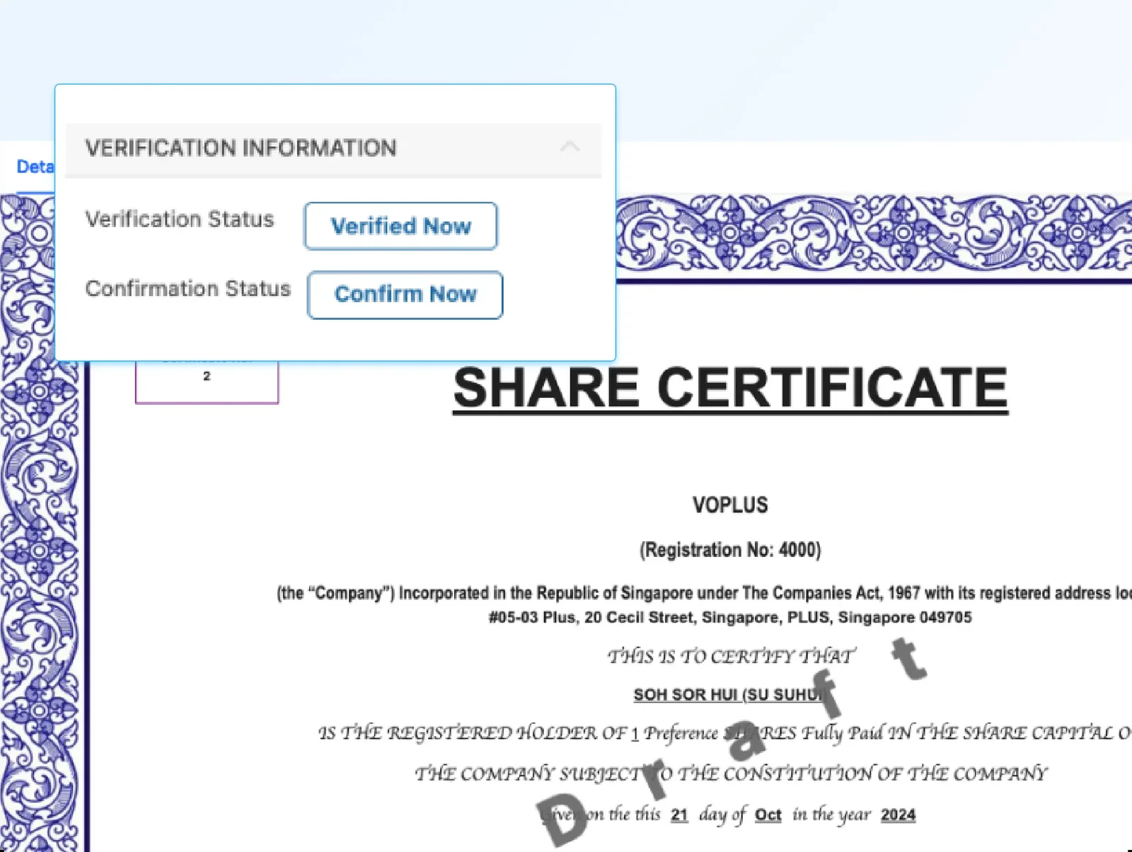 Digital share certificates